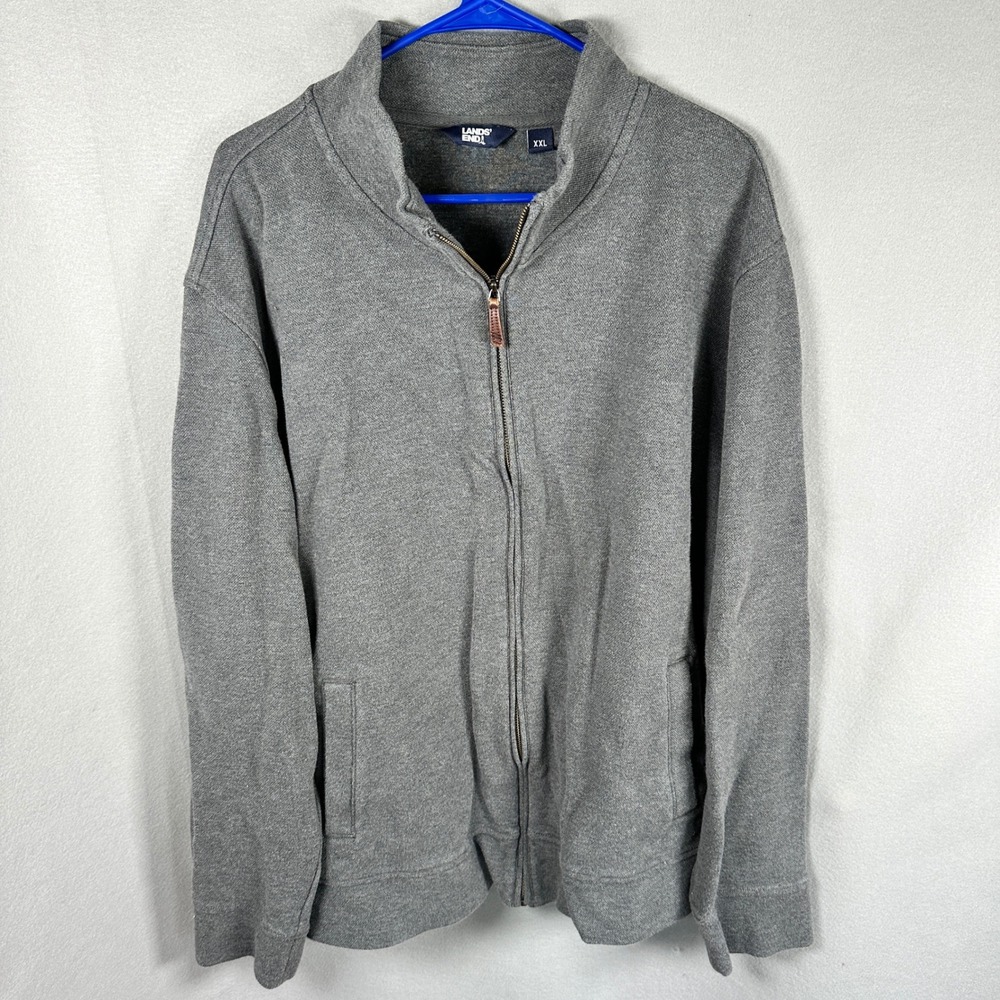 Lands End Sweatshirt Mens XXL Gray Full Zip Mock Neck Pique Knit EUC Preppy Y2K